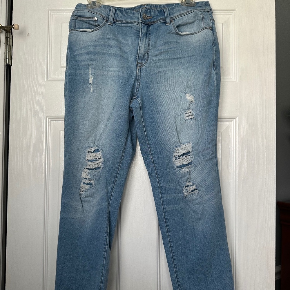 Chico's petite jeans with distressing.  Super cute and comfy!